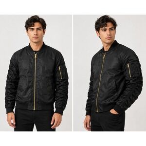 Jaywalker Bomber Jacket Mens XL Black Ruched Sleeve Gold Zip Flight Utility Coat